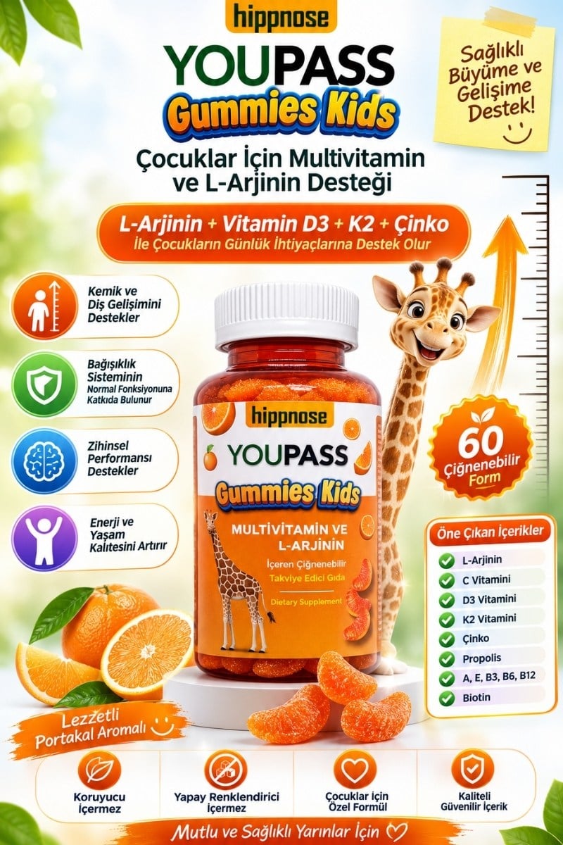 Youpass Gummies Kids Çocuklar İçin Multivitamin ve L-Arjinin İçeren 60 Adet Çiğnene Bilir Takviye