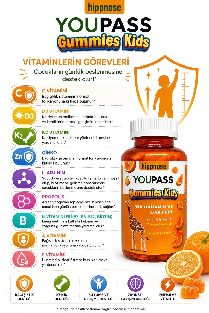 Youpass Gummies Kids Çocuklar İçin Multivitamin ve L-Arjinin İçeren 60 Adet Çiğnene Bilir Takviye