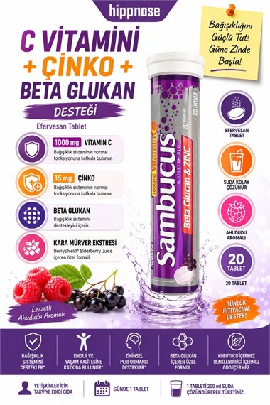  Hippnose Karamürver Ekstresi + Beta Glukan + C Vitamini + Çinko İçeren 20 Efervesan Tablet