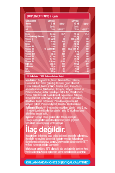 Ferro Apt Demir, Üzüm Çekirdeği Ekstresi ve Multivitamin İçeren Sıvı Takviye Edici Gıda Şurup 200 ml