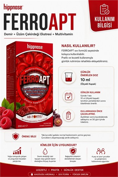 Ferro Apt Demir, Üzüm Çekirdeği Ekstresi ve Multivitamin İçeren Sıvı Takviye Edici Gıda Şurup 200 ml