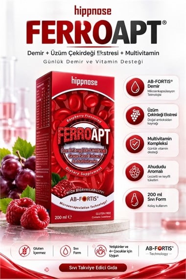 Ferro Apt Demir, Üzüm Çekirdeği Ekstresi ve Multivitamin İçeren Sıvı Takviye Edici Gıda Şurup 200 ml