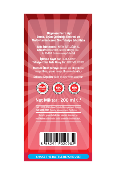 Ferro Apt Demir, Üzüm Çekirdeği Ekstresi ve Multivitamin İçeren Sıvı Takviye Edici Gıda Şurup 200 ml