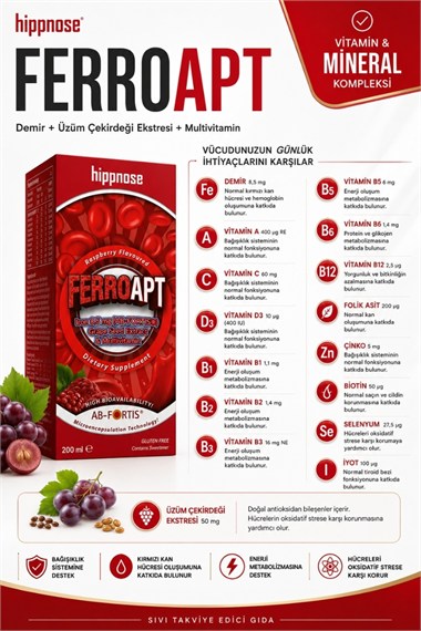 Ferro Apt Demir, Üzüm Çekirdeği Ekstresi ve Multivitamin İçeren Sıvı Takviye Edici Gıda Şurup 200 ml