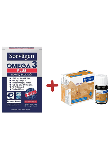Sorvagen Omega 3 Plus Norveç Balık Yağı 60 Kapsül + Sorvagen Vitamin D3 1000 IU 20 ml 450 Damla