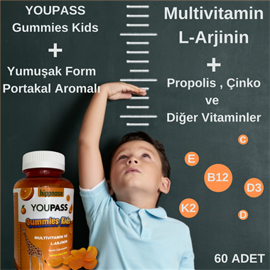 Youpass Gummies Kids Çocuklar İçin Multivitamin ve L-Arjinin İçeren 60 Adet Çiğnene Bilir Takviye