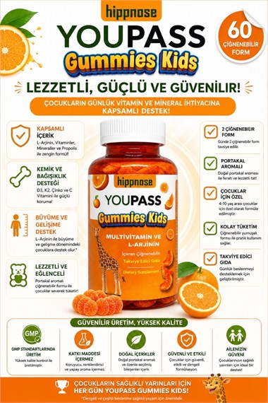 Youpass Gummies Kids Çocuklar İçin Multivitamin ve L-Arjinin İçeren 60 Adet Çiğnene Bilir Takviye