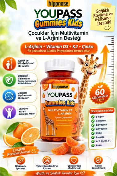 Youpass Gummies Kids Çocuklar İçin Multivitamin ve L-Arjinin İçeren 60 Adet Çiğnene Bilir Takviye