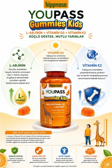 Youpass Gummies Kids Çocuklar İçin Multivitamin ve L-Arjinin İçeren 60 Adet Çiğnene Bilir Takviye