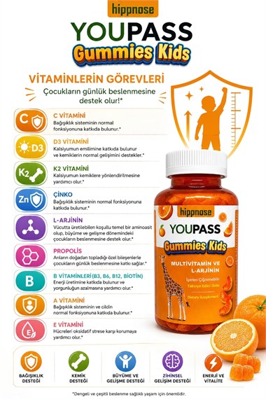 Youpass Gummies Kids Çocuklar İçin Multivitamin ve L-Arjinin İçeren 60 Adet Çiğnene Bilir Takviye