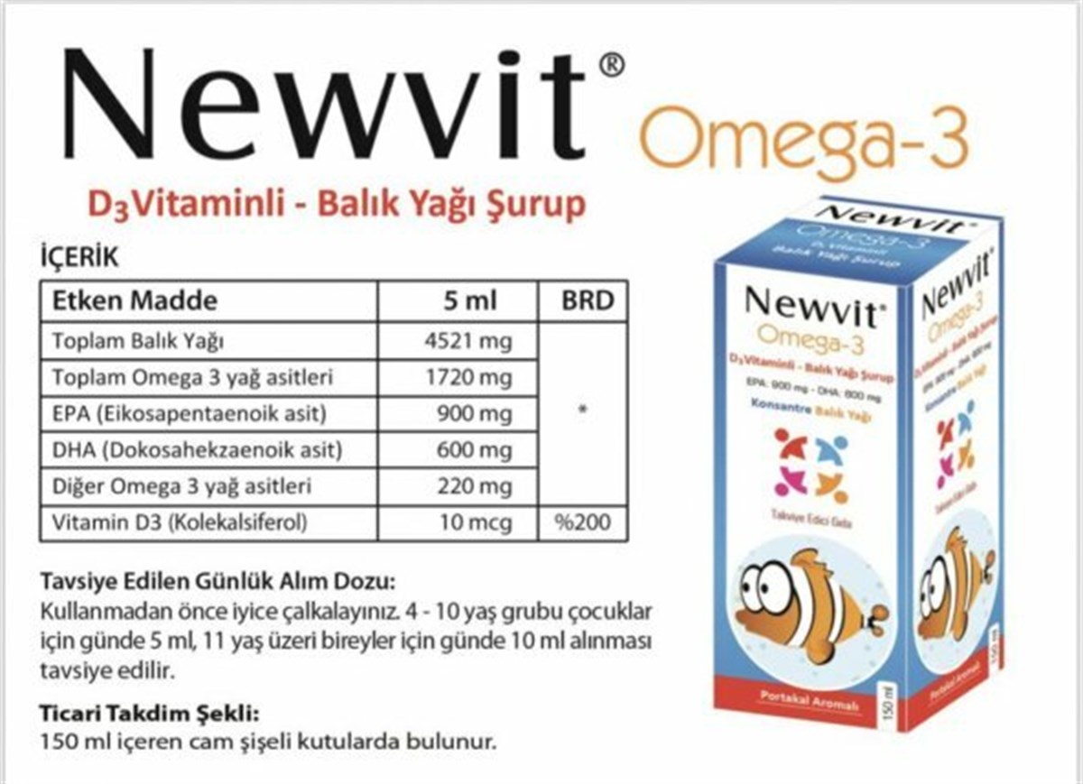 Newvit Omega 3 D Vitaminli Balık Yağı Şurup 150 mL -LeylekKapıda.com