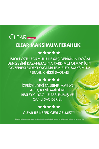 Clear Men Kepeğe Karşı Etkili Şampuan Maksimum Ferahlık Yağlı Saç Derisi İçin Limon Özlü 485 ML