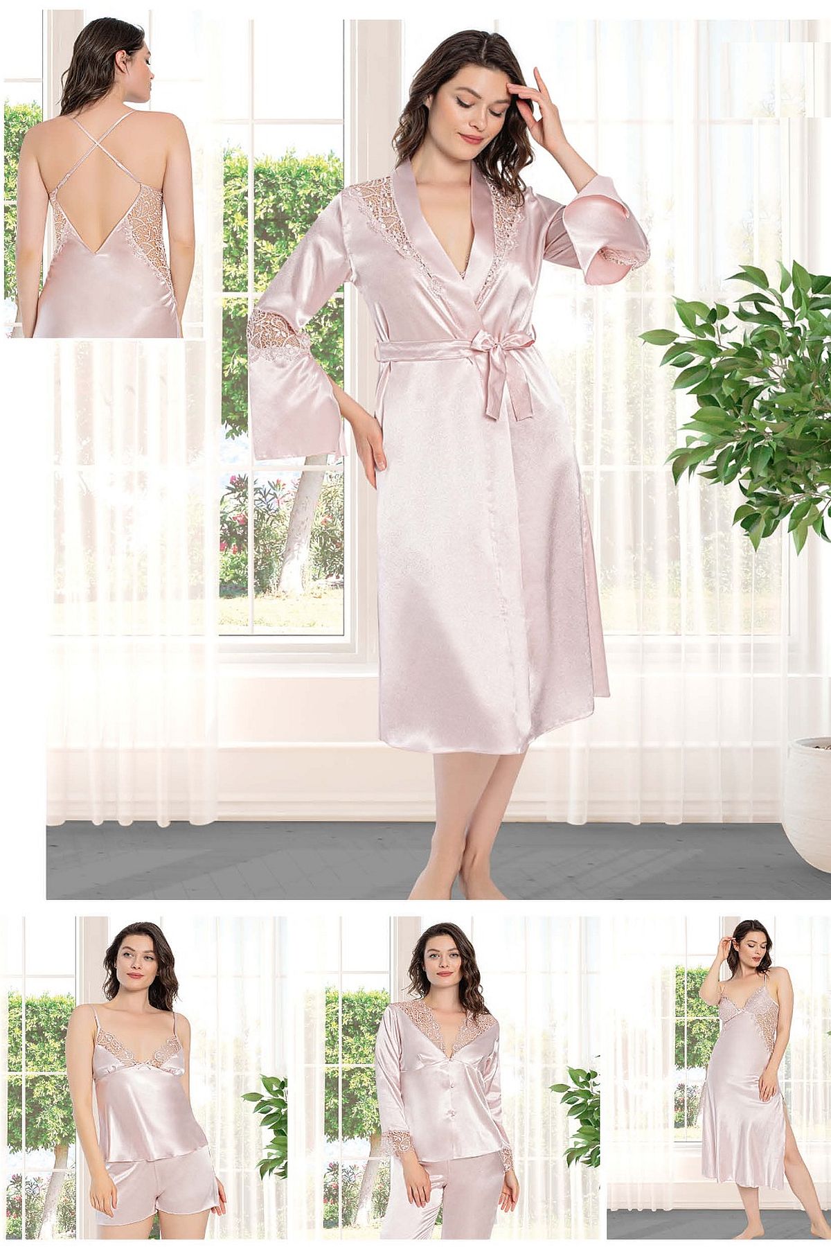 Alissa 8650 Kadın Çeyizlik Dantelli Saten 6lı Set -Pudra