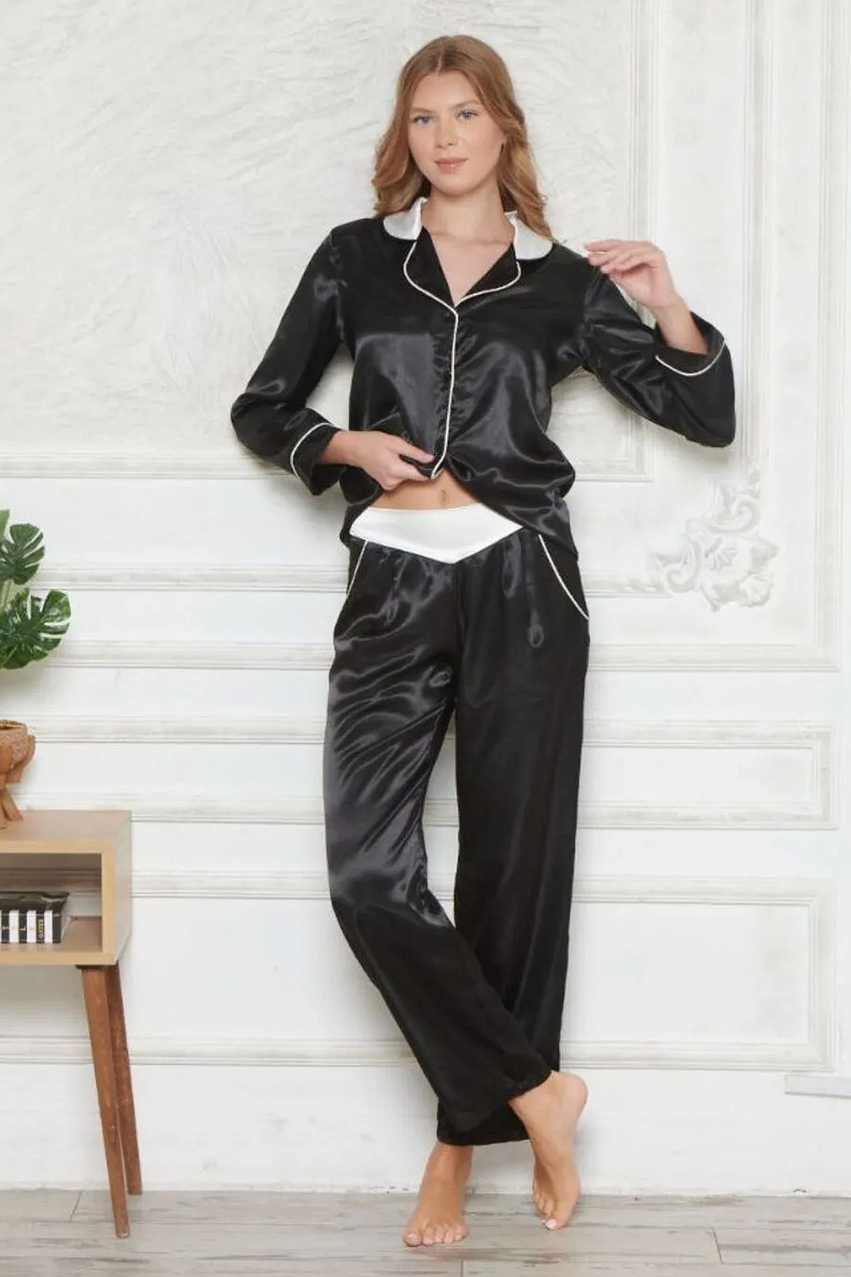 Angels Story 1201 Kadın Saten Uzun Kollu Gömlek Pijama Takım-Siyah