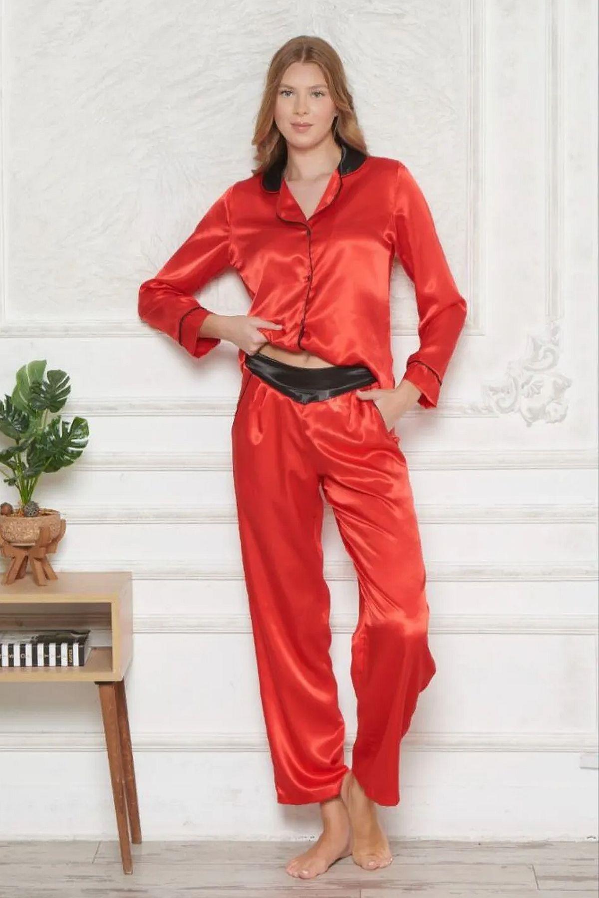 Angels Story 1202 Kadın Saten Uzun Kollu Gömlek Pijama Takım-Kırmızı