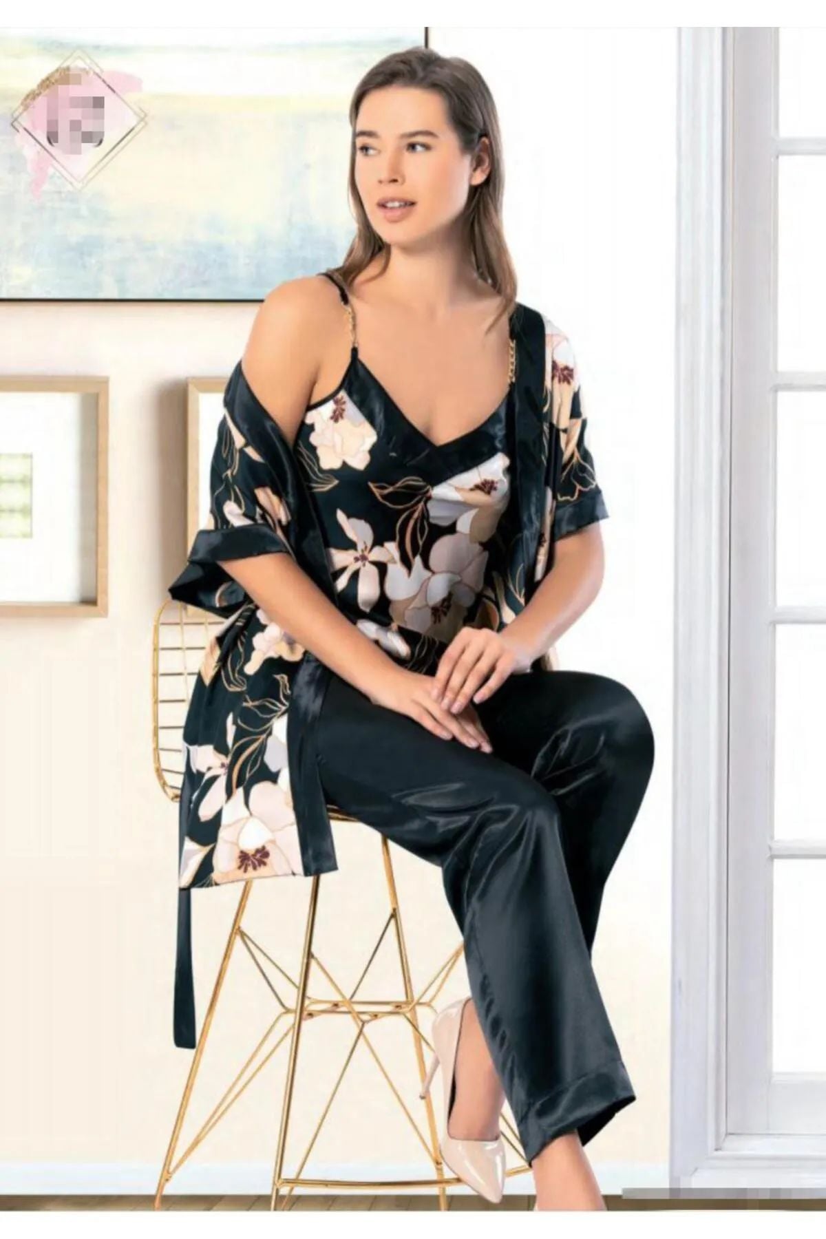 Angels Story 2315 Kadın Saten İp Askılı Sabahlıklı Pijama Takım-Siyah