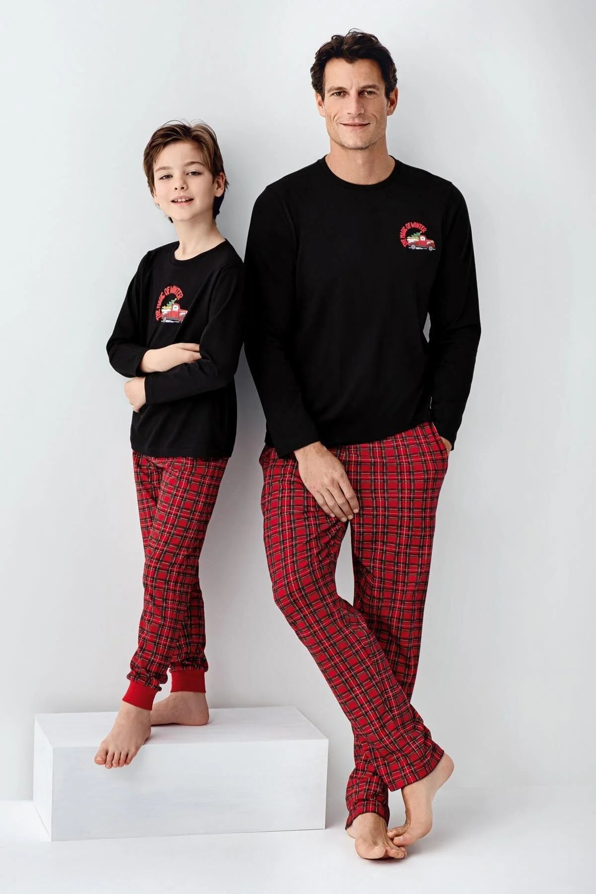 Arnetta 3515 Baba&Oğul Uzun Kollu Bisiklet Yaka Pijama Takımı-Siyah