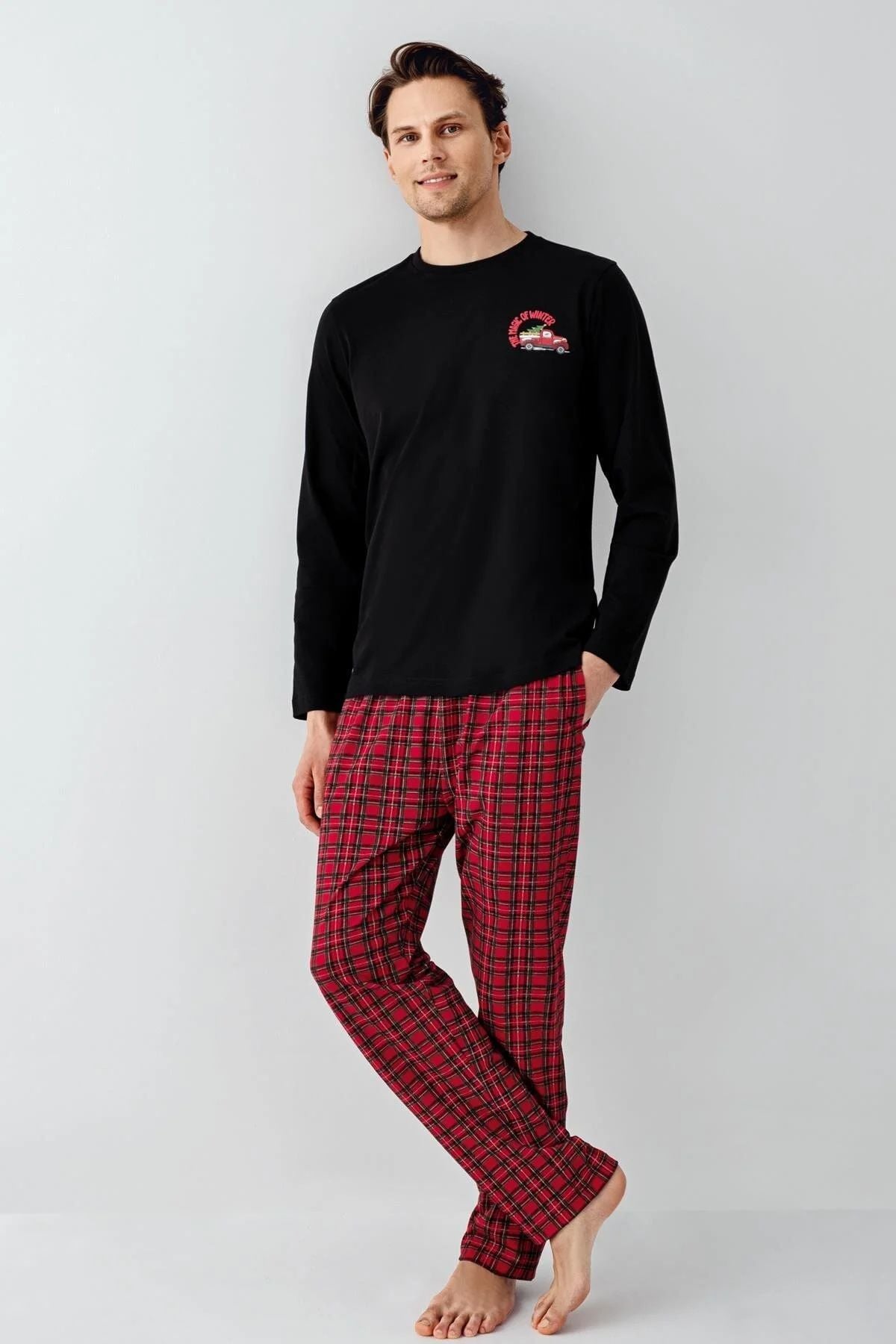 Arnetta 3515 Baba&Oğul Uzun Kollu Bisiklet Yaka Pijama Takımı-Siyah