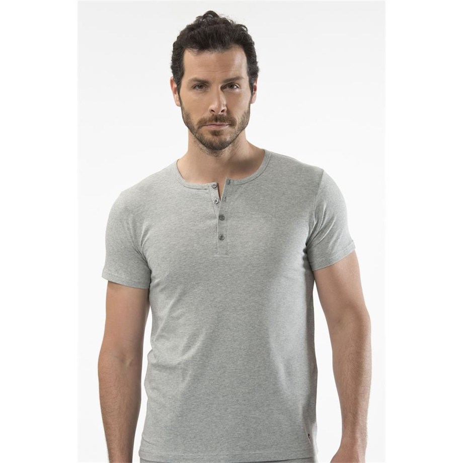 Cacharel 1308 Düğmeli Kısa Kollu Erkek T-Shirt - Gri Melanj