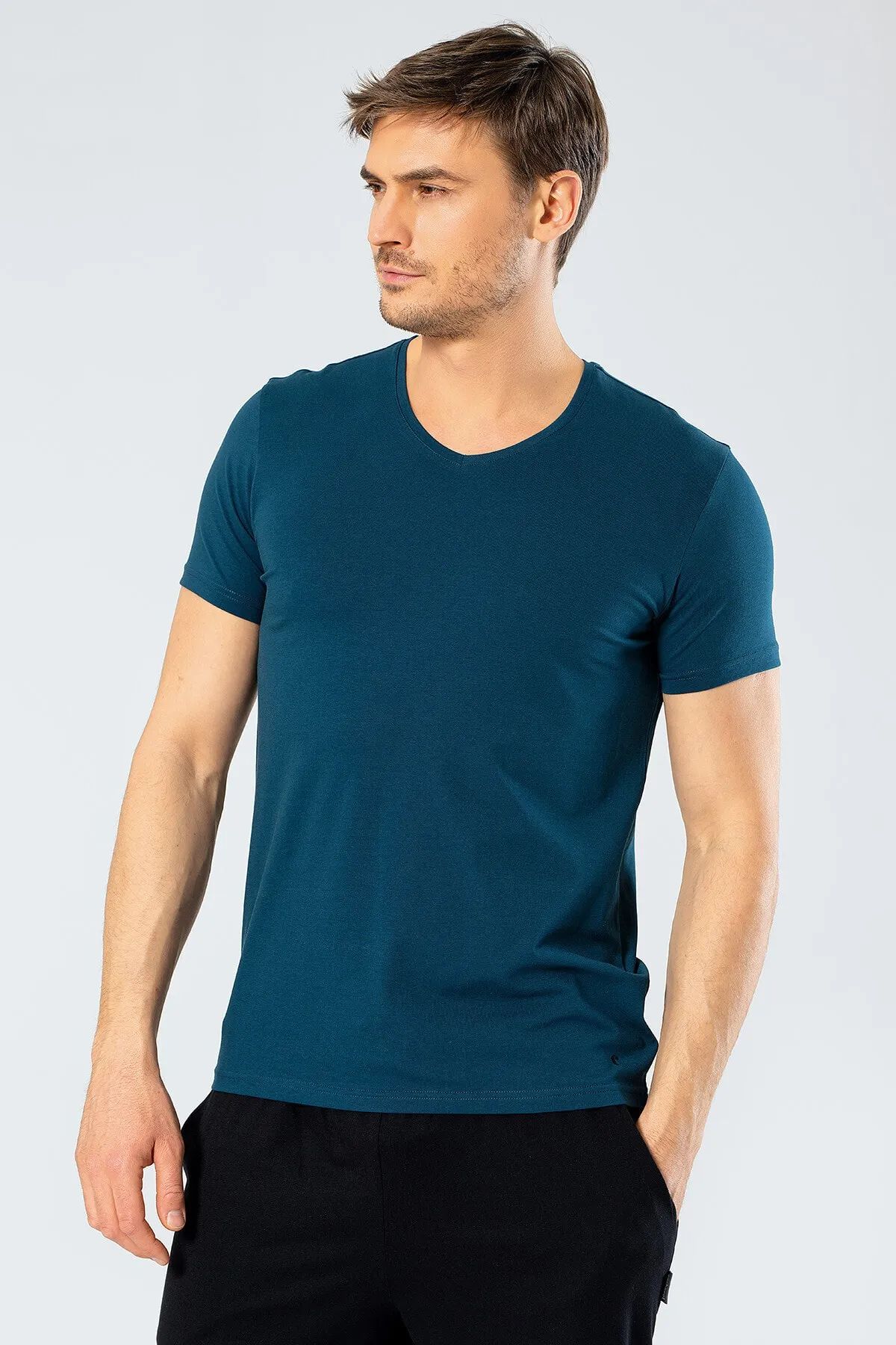 Cacharel 1332 Erkek V Yaka Kısa Kollu T-shirt-Petrol