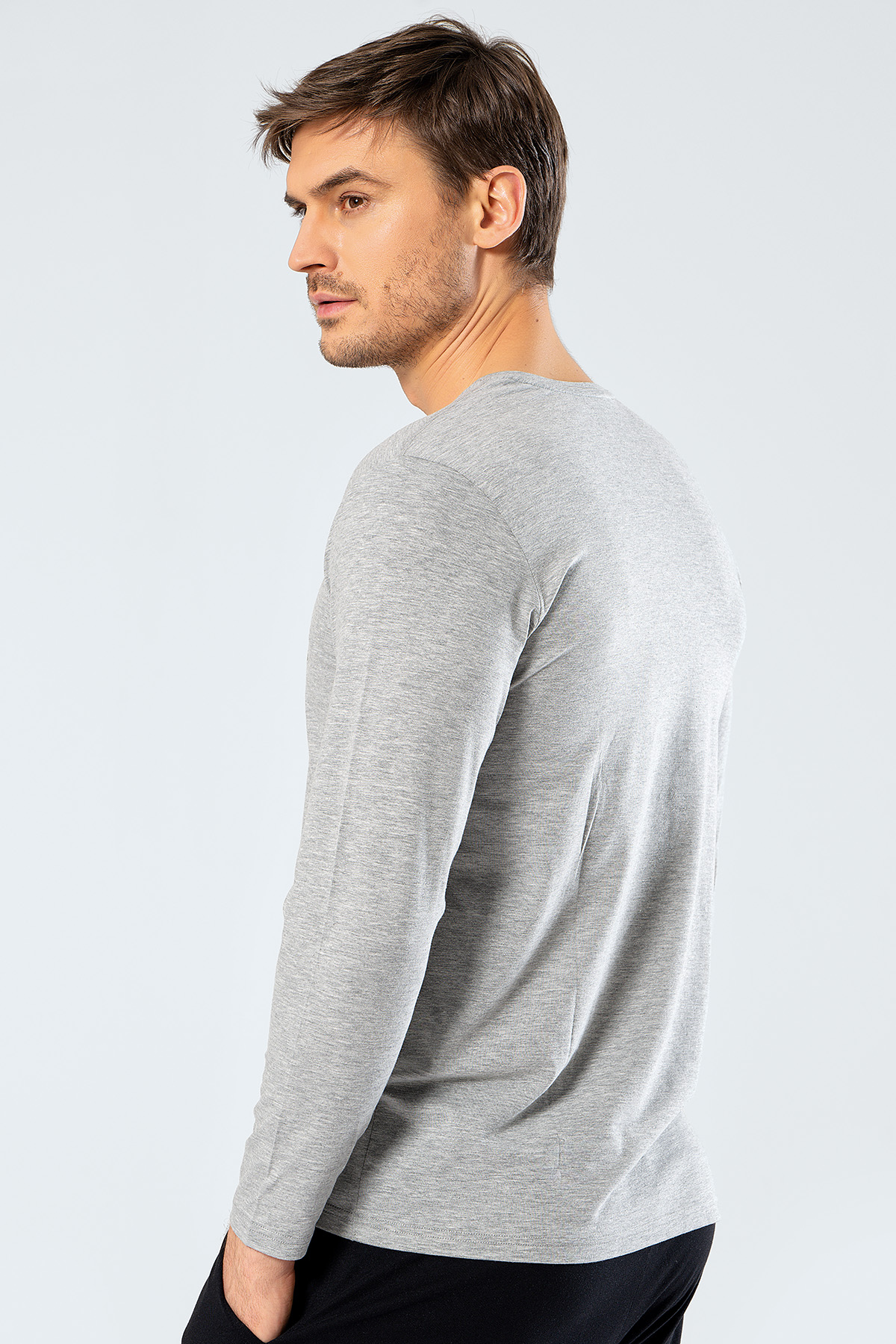 Cacharel 1334 Erkek V Yaka Uzun Kollu T-Shirt - Gri