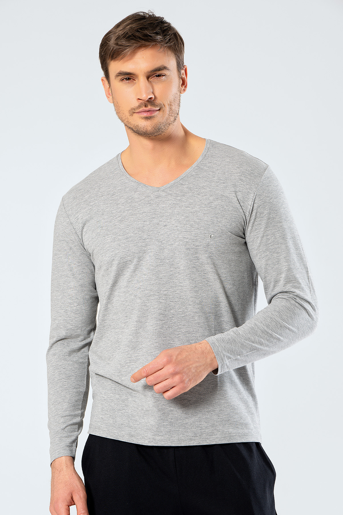 Cacharel 1334 Erkek V Yaka Uzun Kollu T-Shirt - Gri