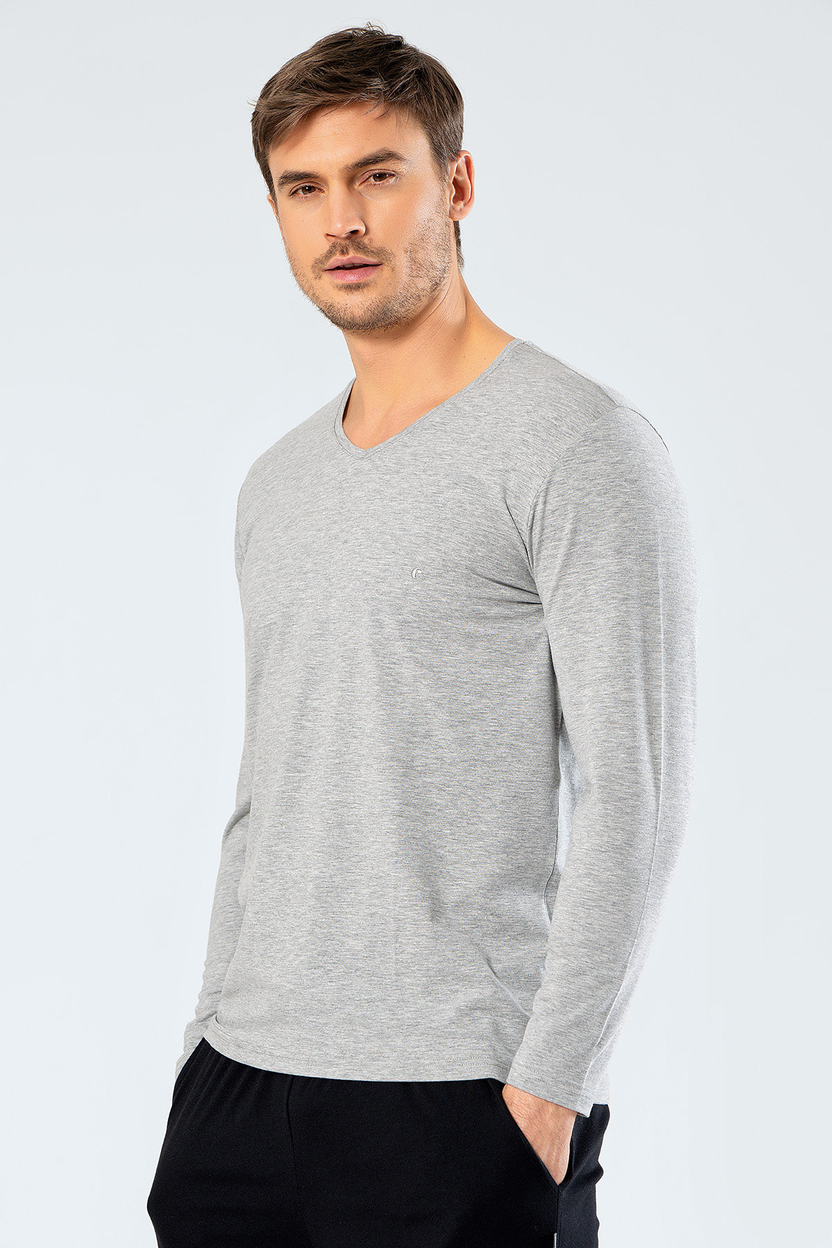 Cacharel 1334 Erkek V Yaka Uzun Kollu T-Shirt - Gri