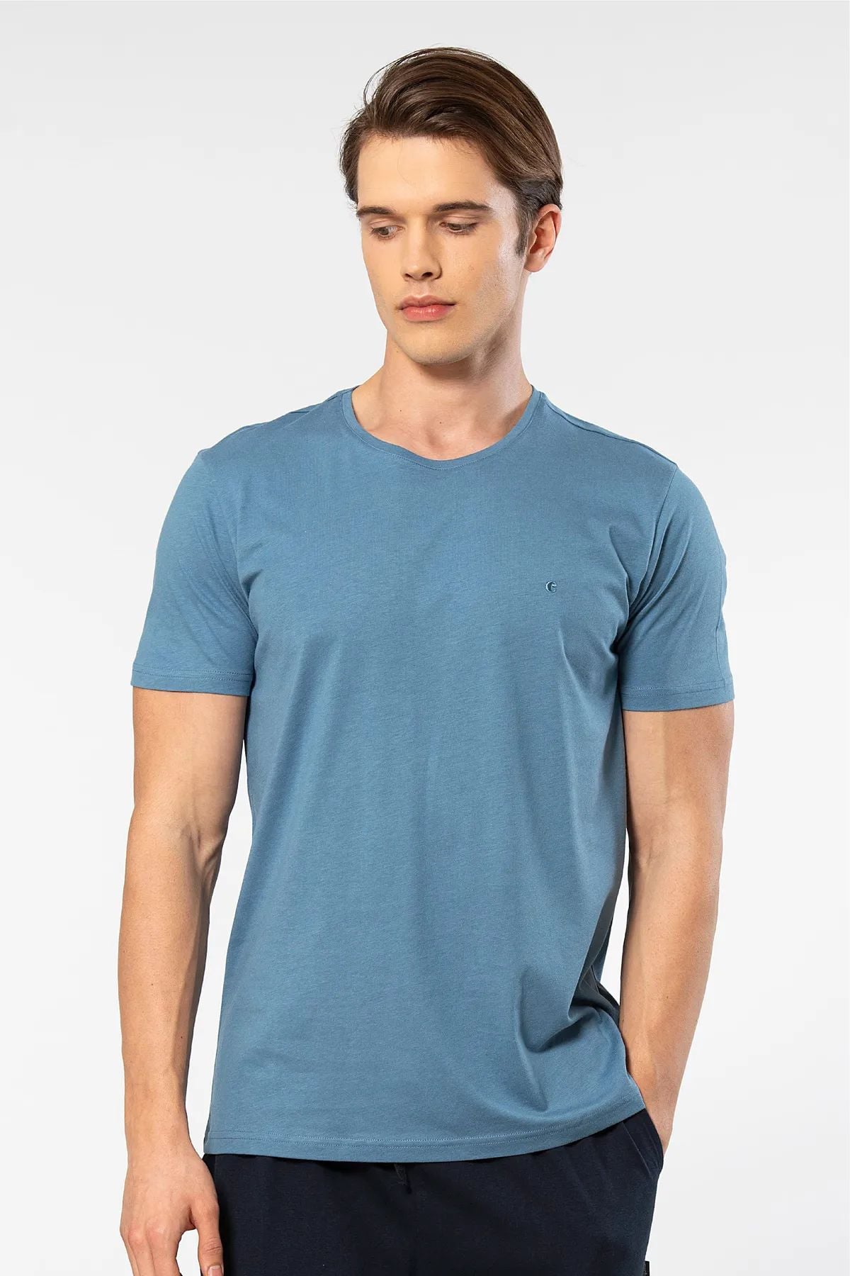 Cacharel 2169 Erkek Modal Pamuk Bisiklet Yaka Kısa Kollu T-shirt-İndigo