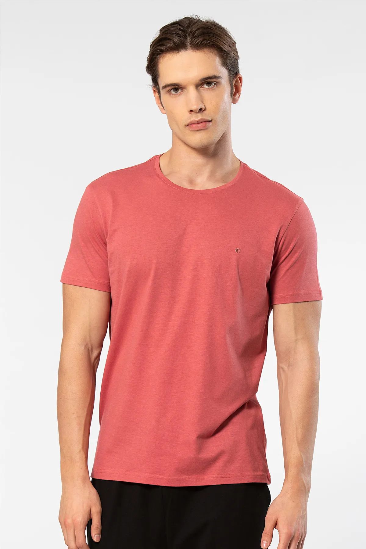 Cacharel 2169 Erkek Modal Pamuk Bisiklet Yaka Kısa Kollu T-shirt-Mercan