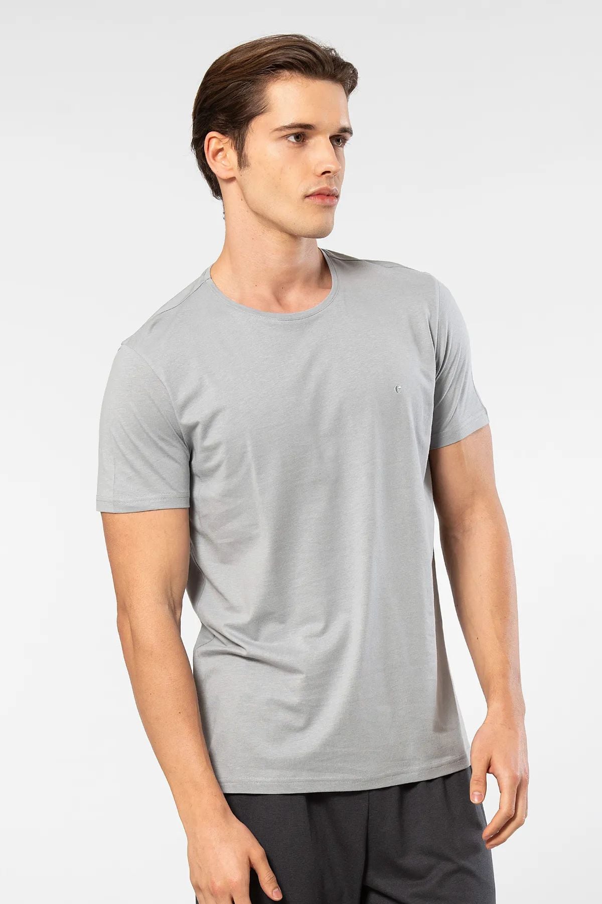 Cacharel 2169 Erkek Modal Pamuk Bisiklet Yaka Kısa Kollu T-shirt-Gri