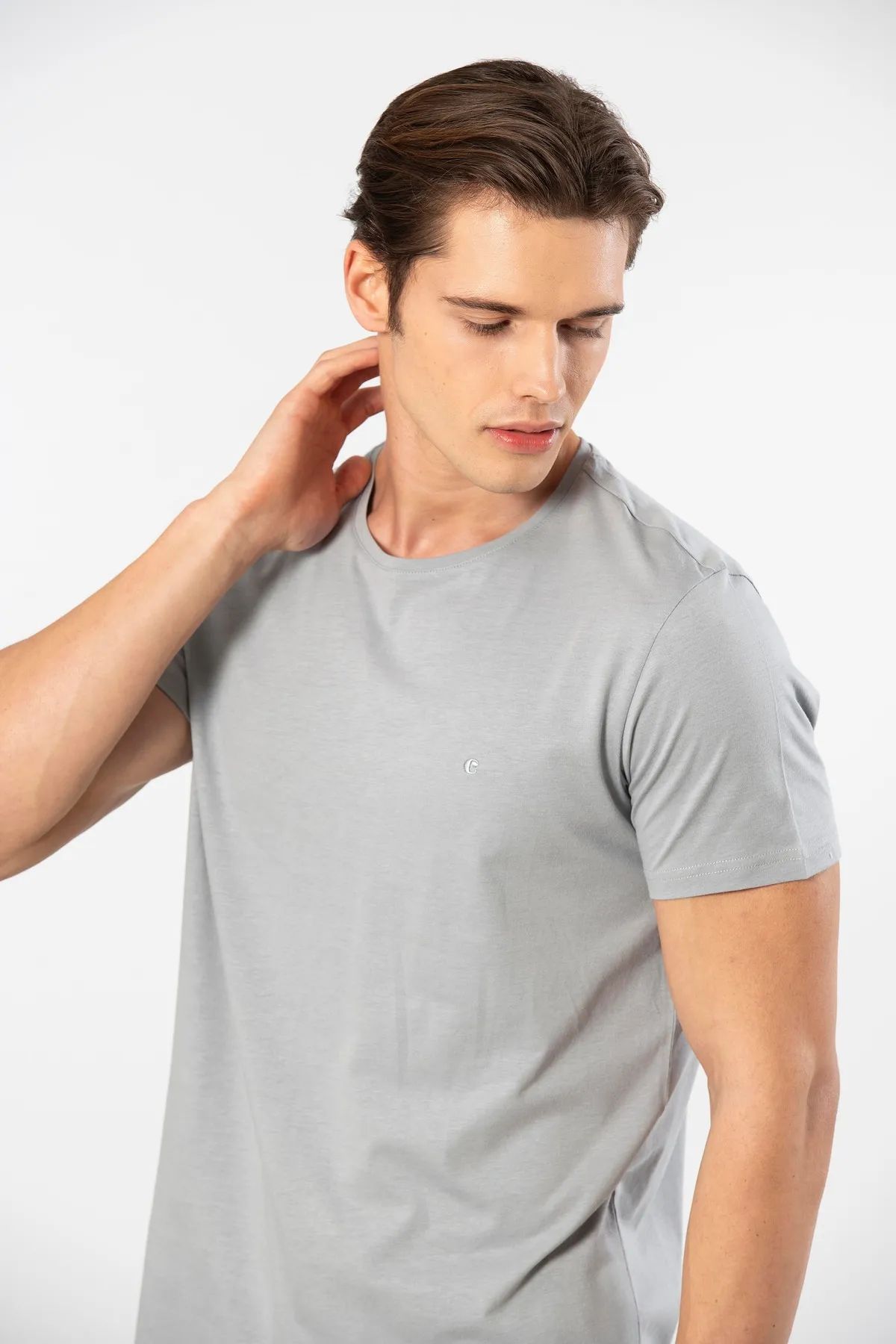 Cacharel 2169 Erkek Modal Pamuk Bisiklet Yaka Kısa Kollu T-shirt-Gri