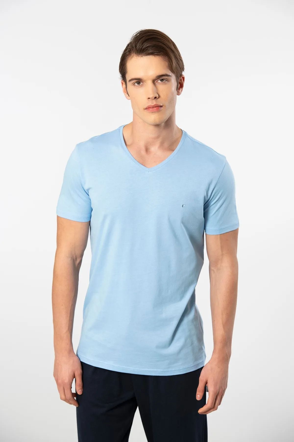 Cacharel 2170 Erkek Modal Pamuk V Yaka Kısa Kollu T-shirt-Açıkmavi