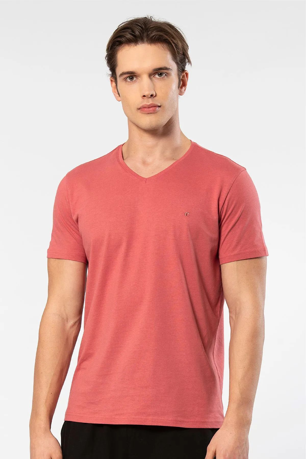 Cacharel 2170 Erkek Modal Pamuk V Yaka Kısa Kollu T-shirt-Mercan