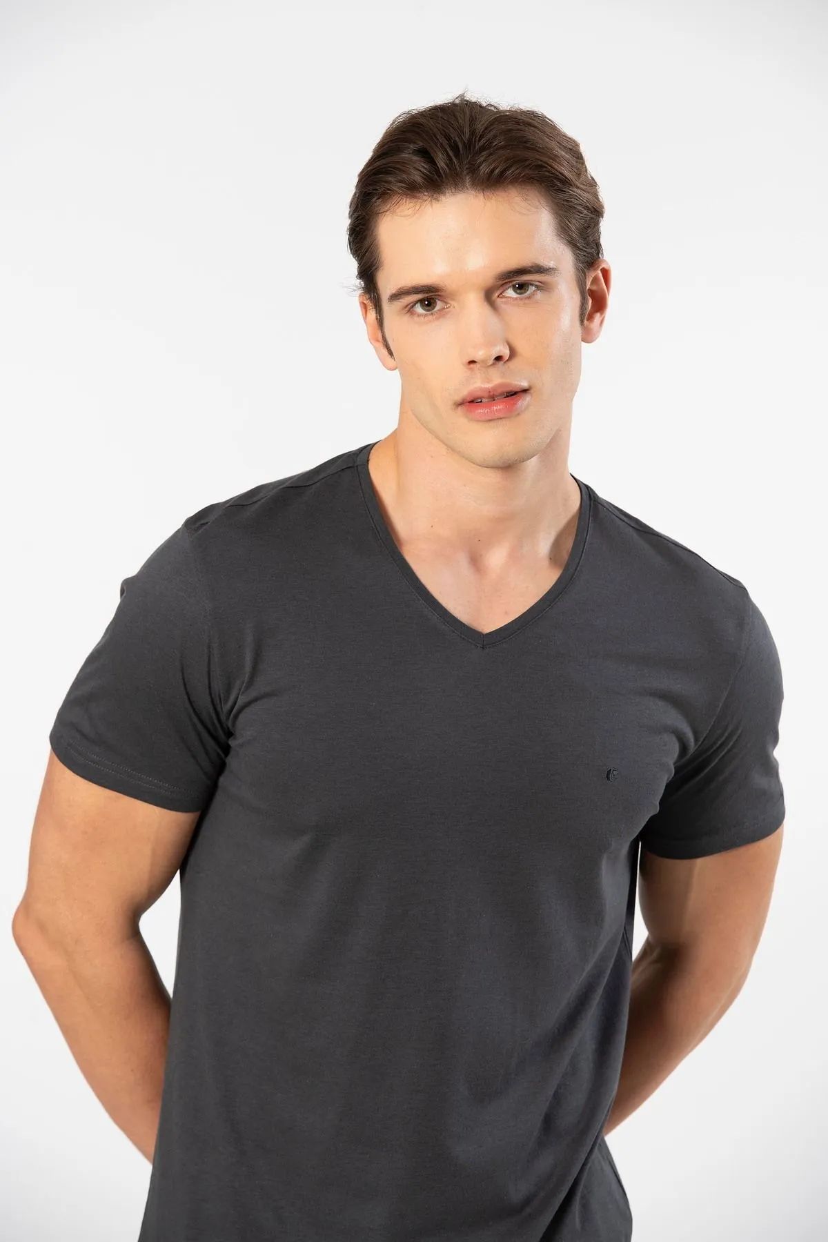 Cacharel 2170 Erkek Modal Pamuk V Yaka Kısa Kollu T-shirt-Antrasit