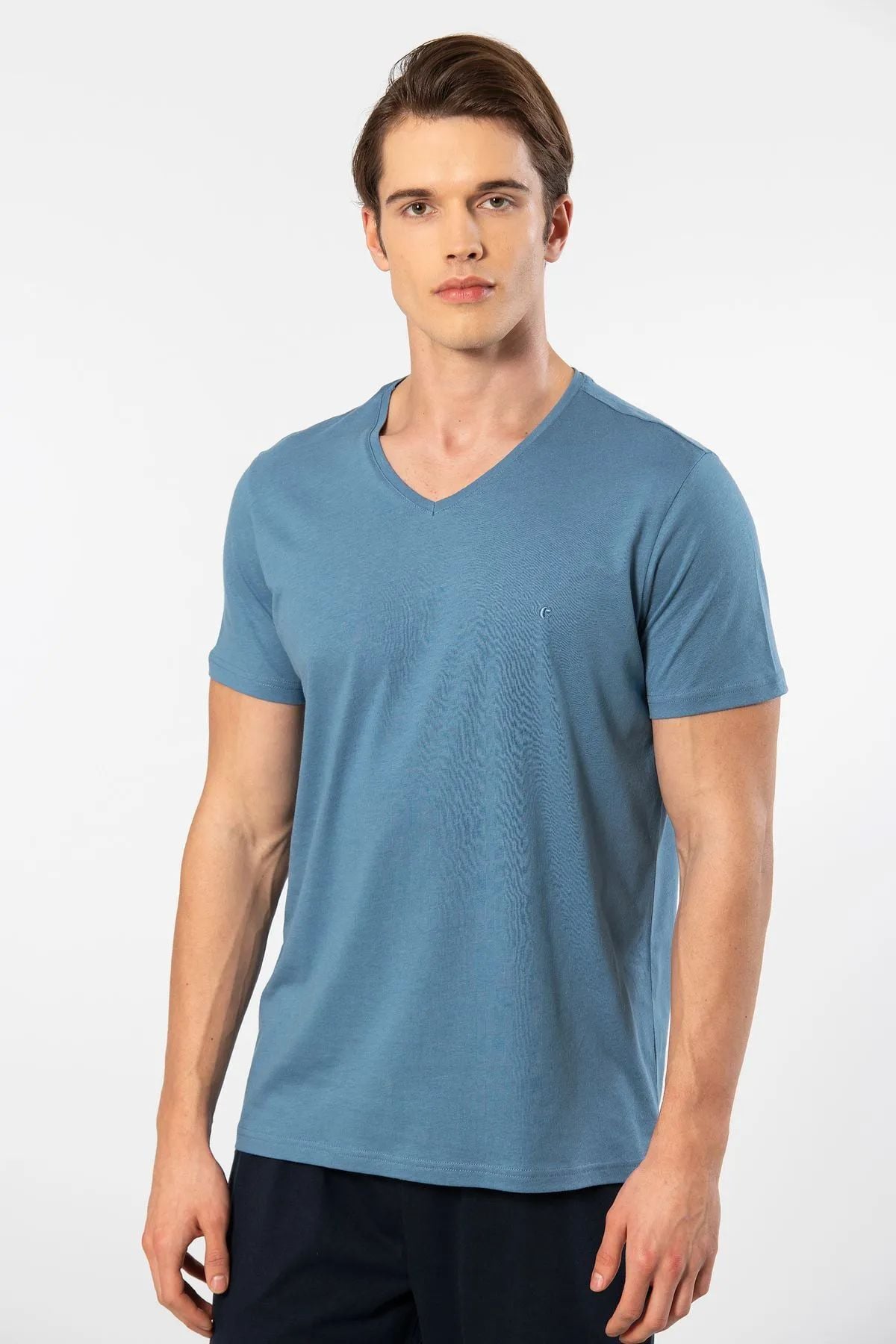 Cacharel 2170 Erkek Modal Pamuk V Yaka Kısa Kollu T-shirt-İndigo