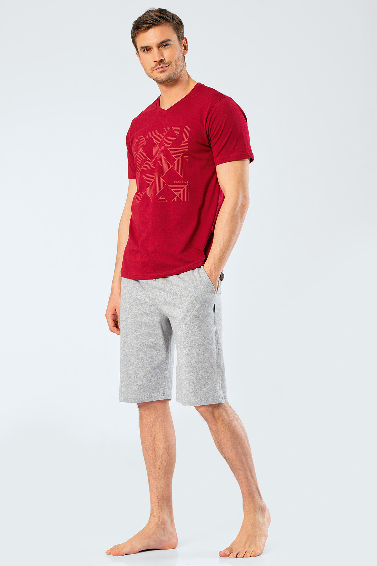 Cacharel 2199 Erkek Baskılı V Yaka Bermuda Şort Pijama Takım - Bordo