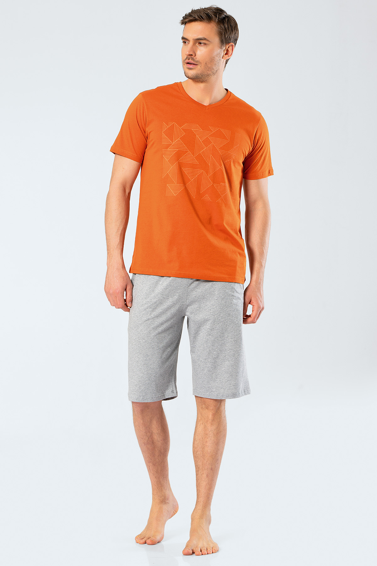 Cacharel 2199 Erkek Baskılı V Yaka Bermuda Şort Pijama Takım - Kiremit
