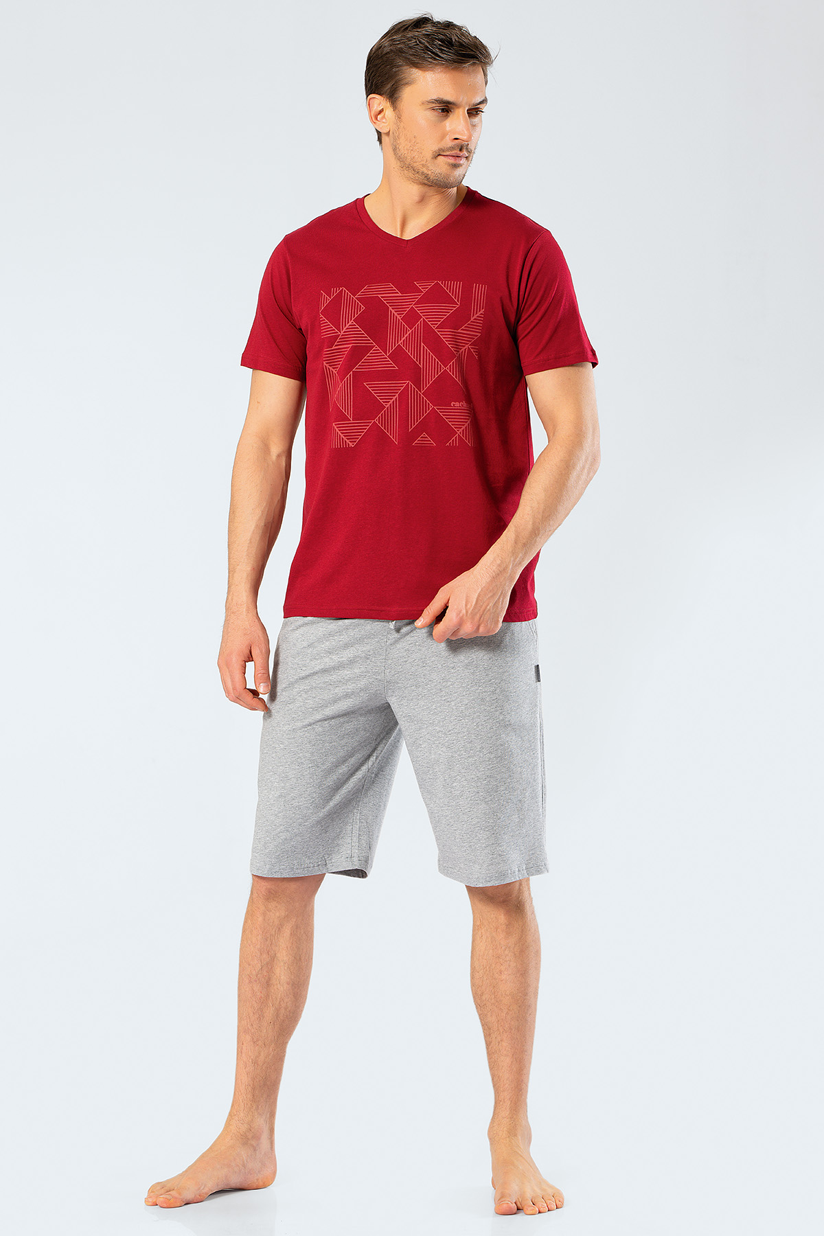 Cacharel 2199 Erkek Baskılı V Yaka Bermuda Şort Pijama Takım - Bordo