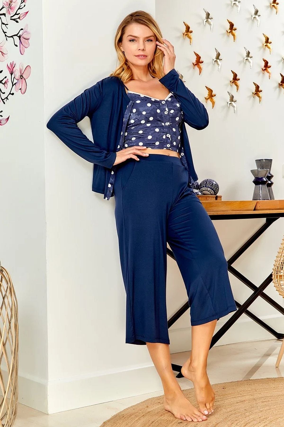 Cossy by Aqua 22559 Kadın 3lü Caprili Pijama Takım-Lacivert