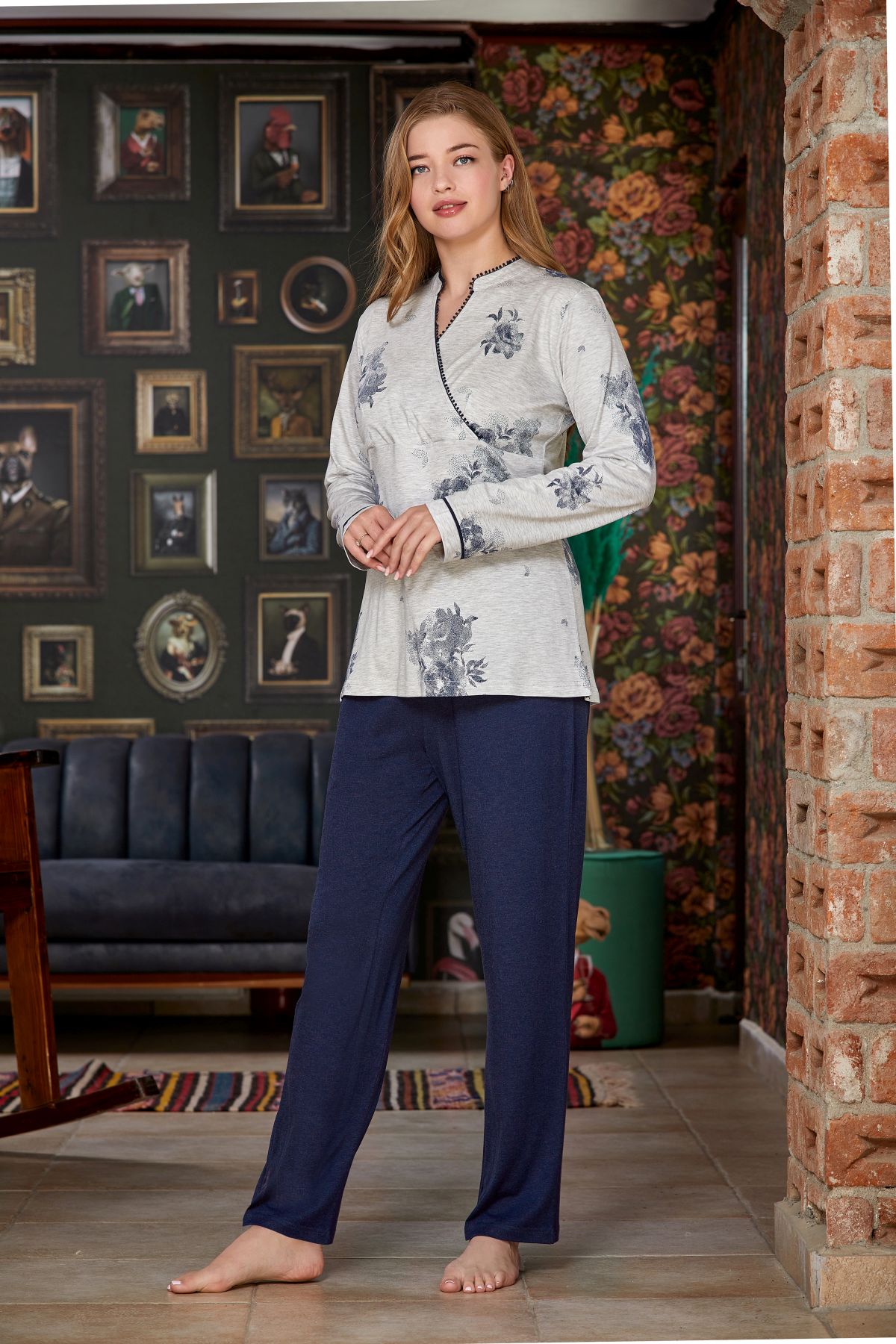 Cossy by Aqua 23028 Kadın Uzun Kollu Pijama Takım-Lacivert