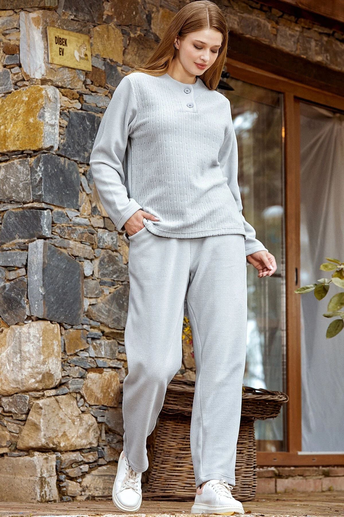 Cossy by Aqua 24062 Kadın Uzun Kollu Polar Pijama Takımı-Mint