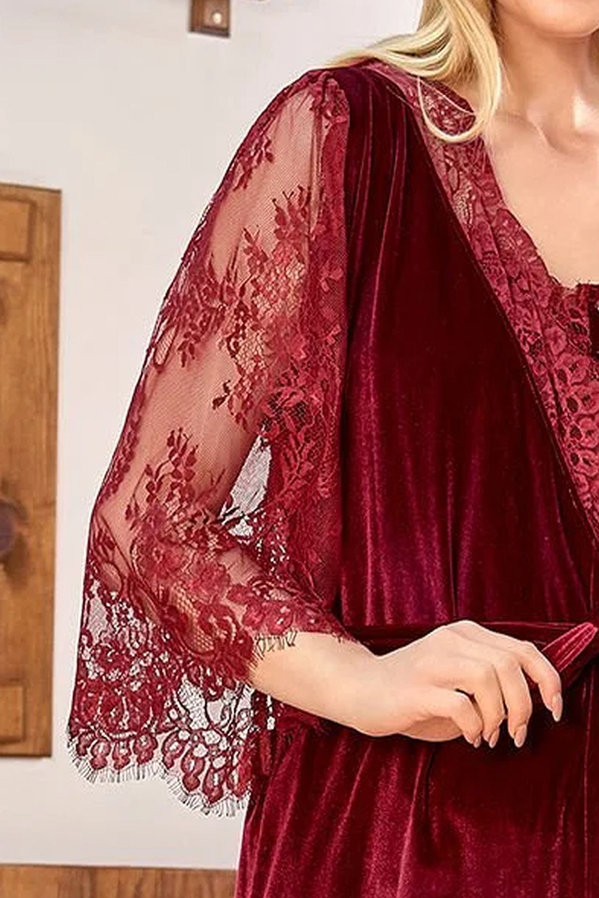 Cossy by Aqua 24161 Kadın Hamile Lohusa Kadife Sabahlıklı Pijama Takım-Bordo