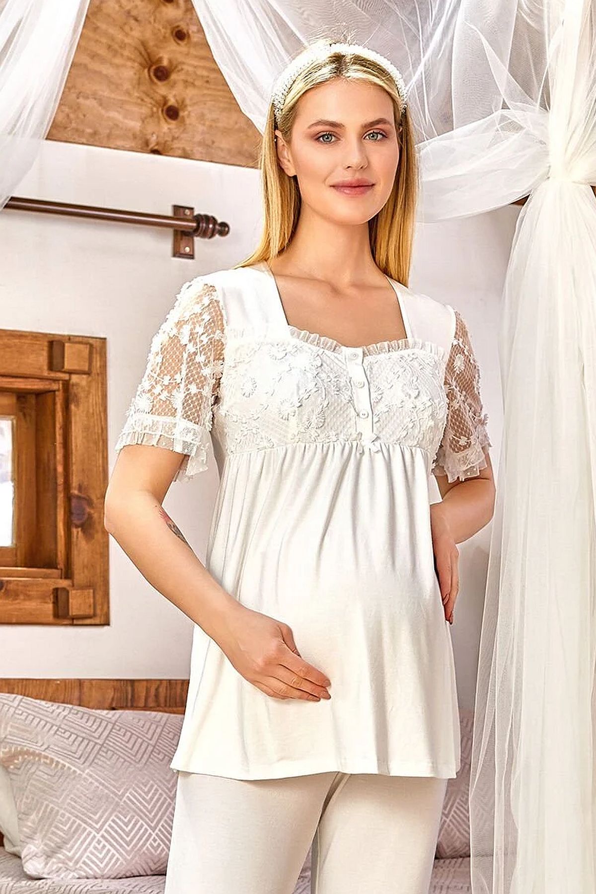 Cossy by Aqua 24169 Kadın Hamile Lohusa Kısa Kollu Dantel Detaylı Pijama Takımı-Krem