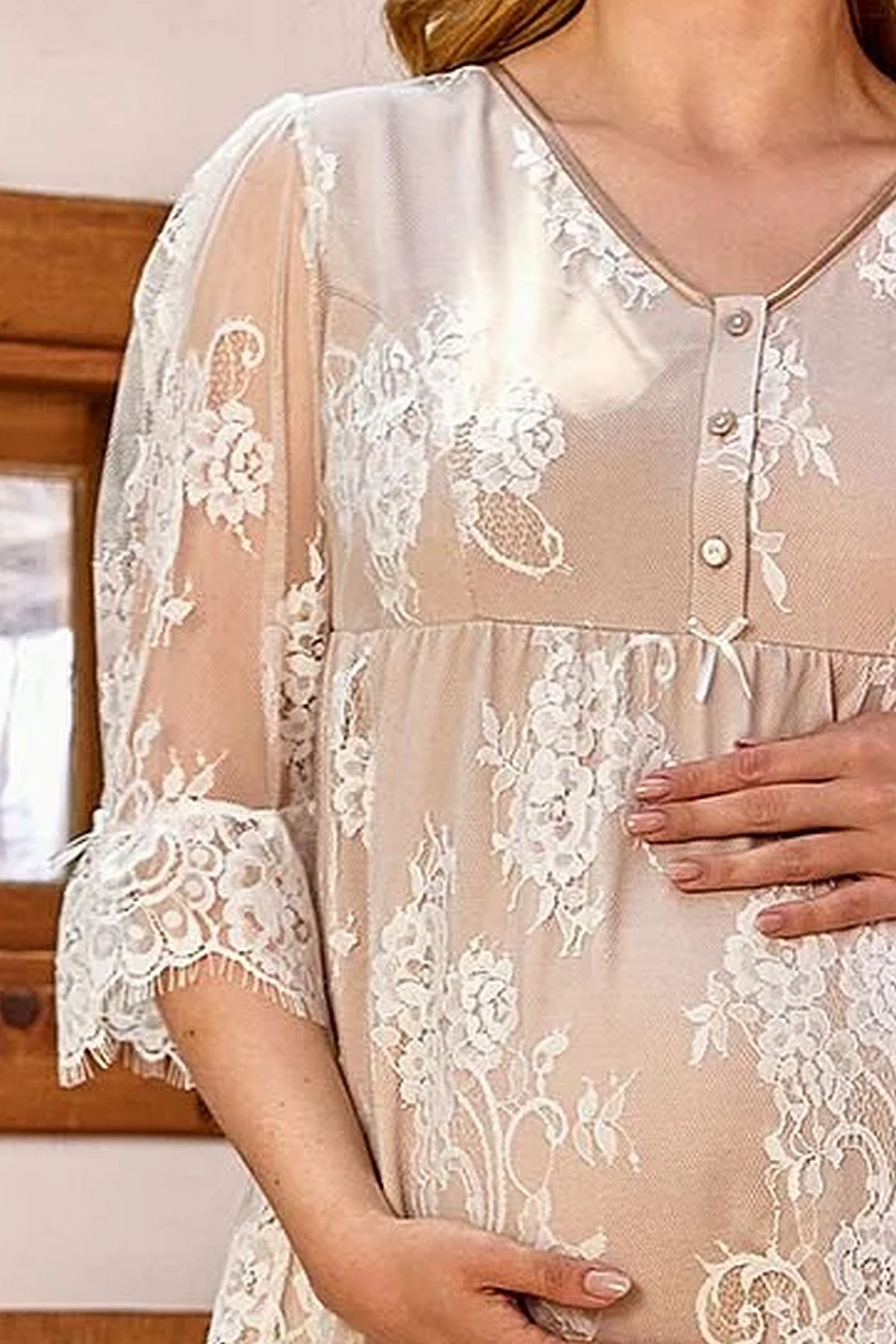 Cossy by Aqua 24172 Kadın Truvakar Kollu Dantel Kaplı Lohusa Pijama Takım-Vizon