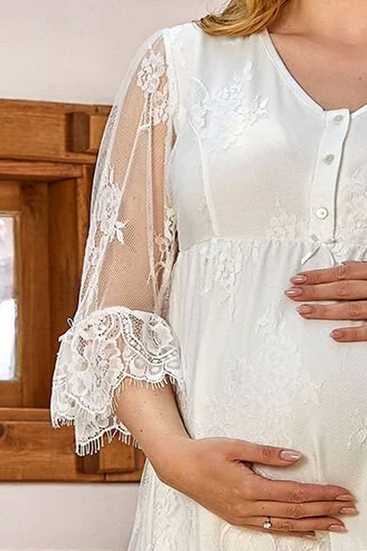 Cossy by Aqua 24172 Kadın Truvakar Kollu Dantel Kaplı Lohusa Pijama Takım-Krem