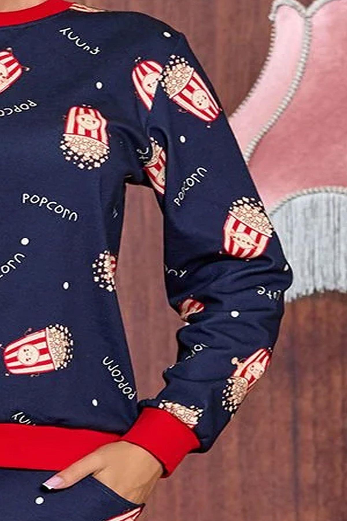 Cossy by Aqua 25036 Kadın Uzun Kollu Bisiklet Yaka Paçası Lastikli Pijama Takımı-Lacivert