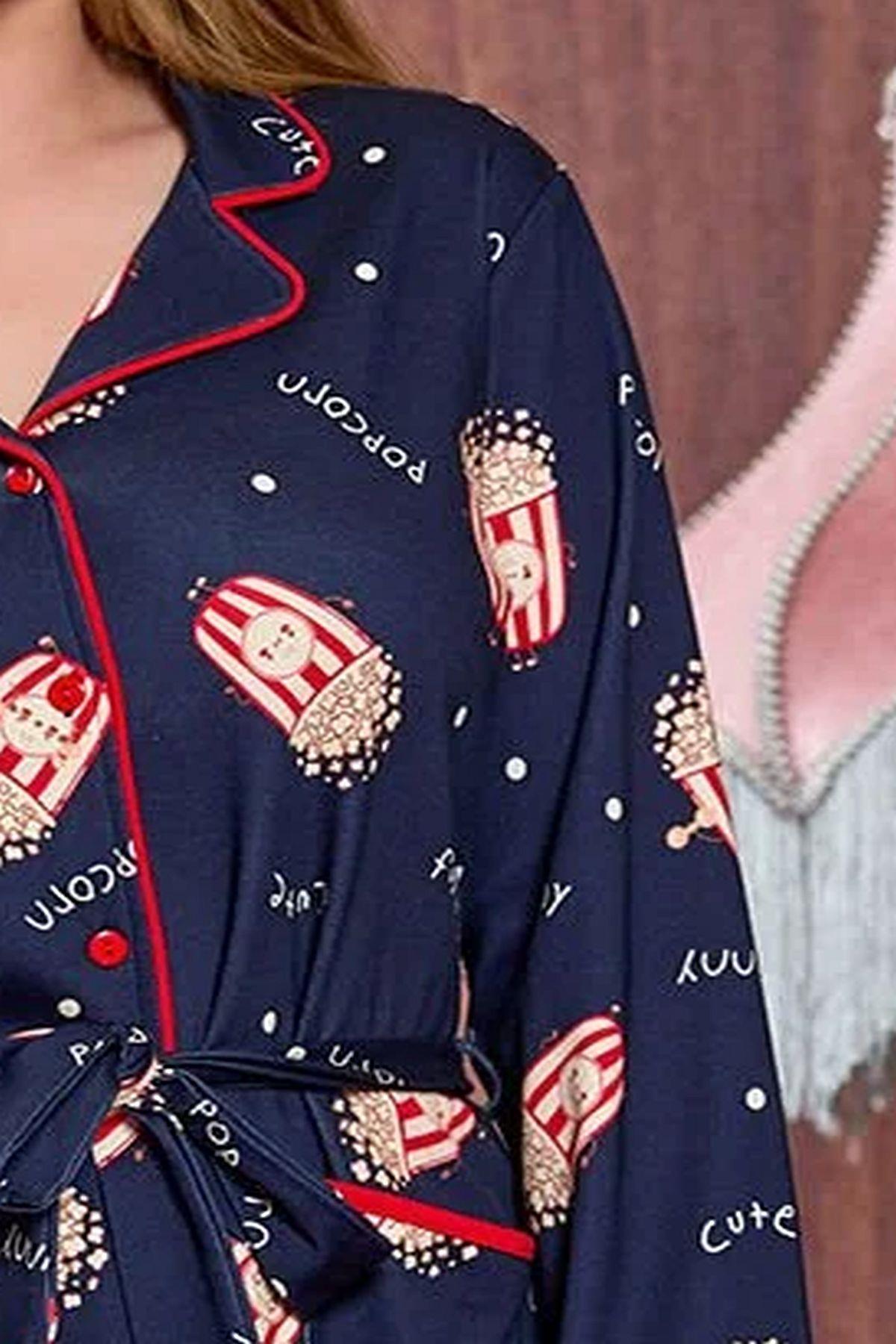 Cossy by Aqua 25039 Kadın Uzun Kollu Önden Düğmeli Kısa Gecelik-Desenli