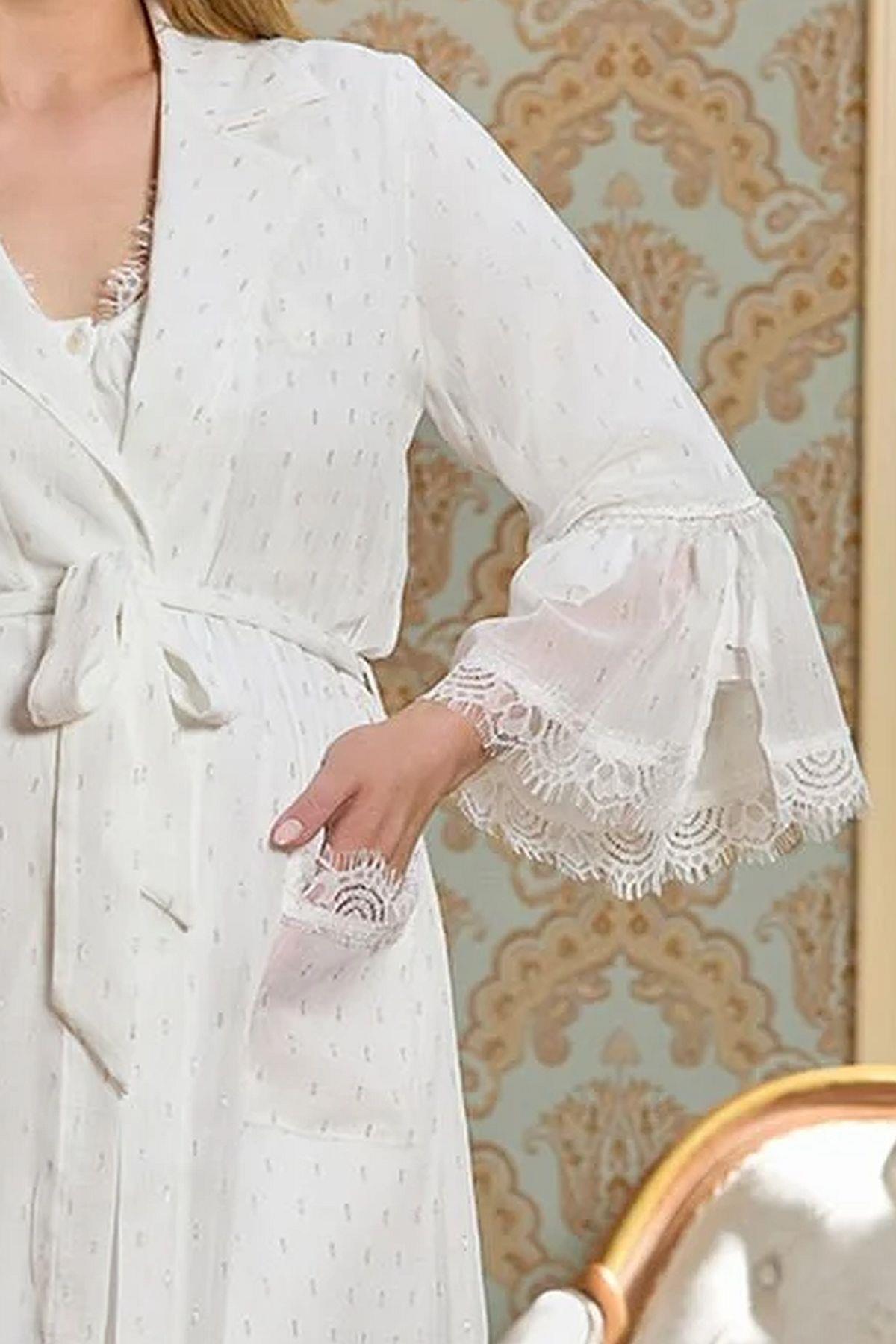 Cossy by Aqua 25138 Hamile Lohusa Dantel Detaylı Şifon Sabahlık-Krem