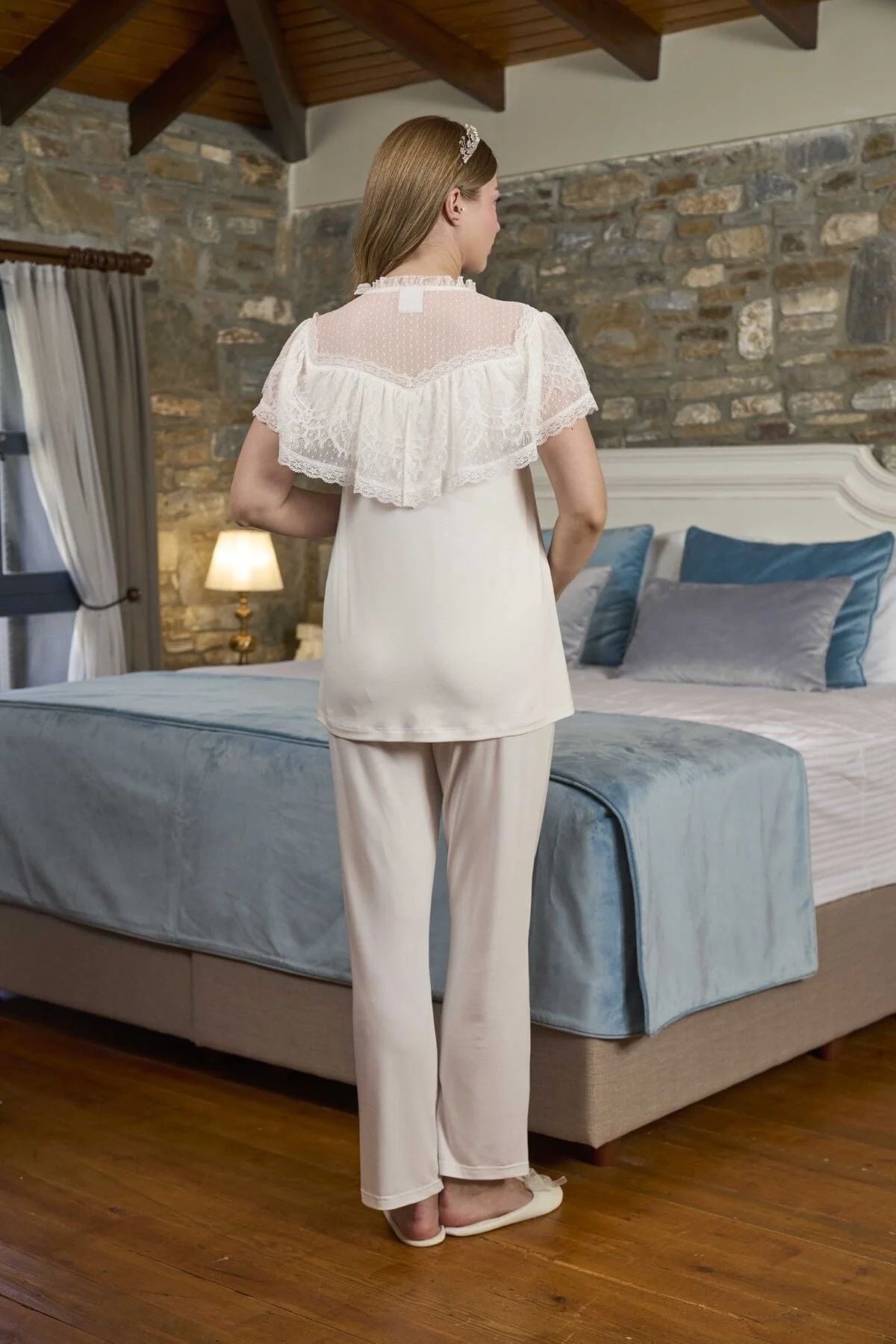 Cossy by Aqua 26302 Hamile Lohusa Kısa Kollu Dantel Detaylı Pijama Takımı-Krem