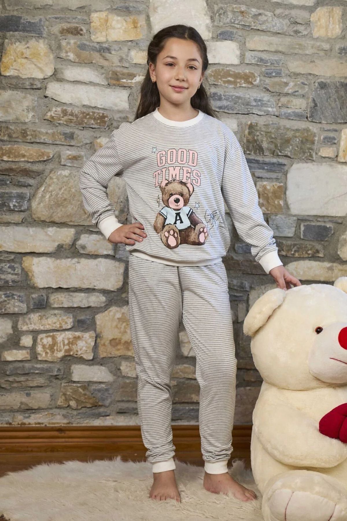 Cossy by Aqua 26452 Kız Çocuk Uzun Kollu Bisiklet Yaka Paçası Bantlı Pijama Takım-Çizgili